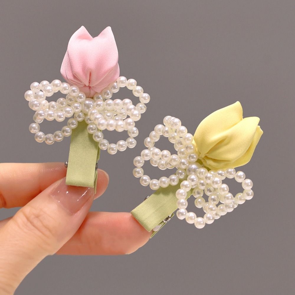 Sweet Tulip Pearl Hairpin Premium Sense Bangs Side Headdress Pearl Bowknot Hair Clip  Daily Wear