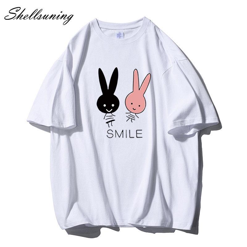 Shellsuning Cute Bunny Graphic Printed T Shirts Women Summer Casual Loose O Neck Short Sleeve Tees Female Trendy 100% Cotton Tops Lady