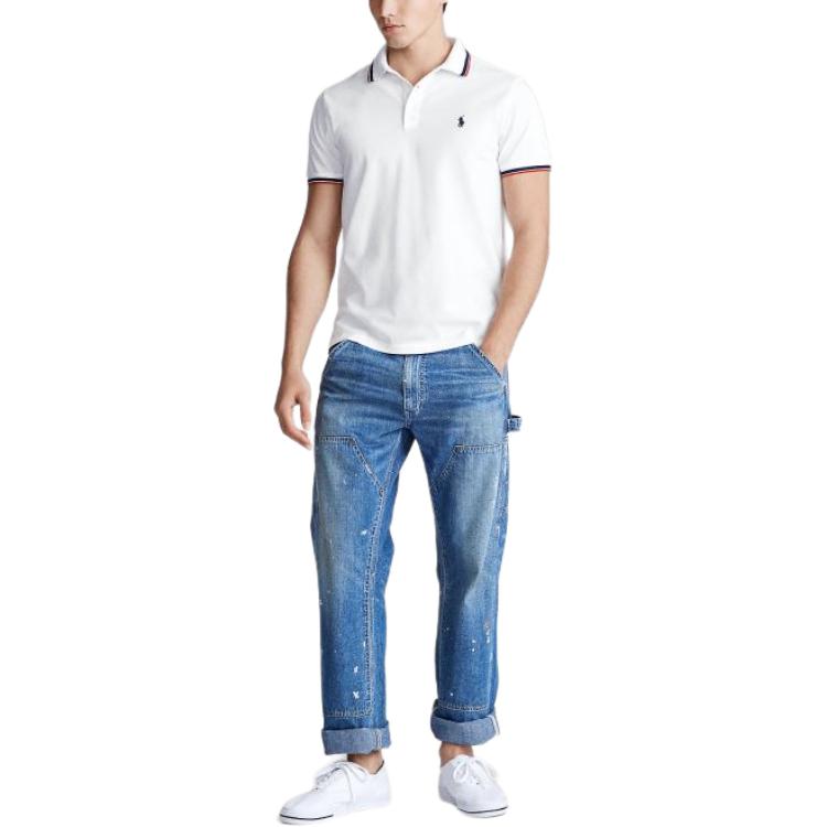 Polo Ralph Lauren Slim Fit Striped Trim Рубашка поло с коротким рукавом Мужская белая 710782636-002