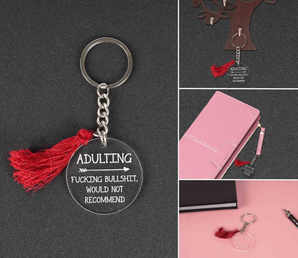 Inkdotpot Funny Keychain, Adulting Not Recommend Acrylic Engraved Keychain, Funny Adult Sarcastic Novelty