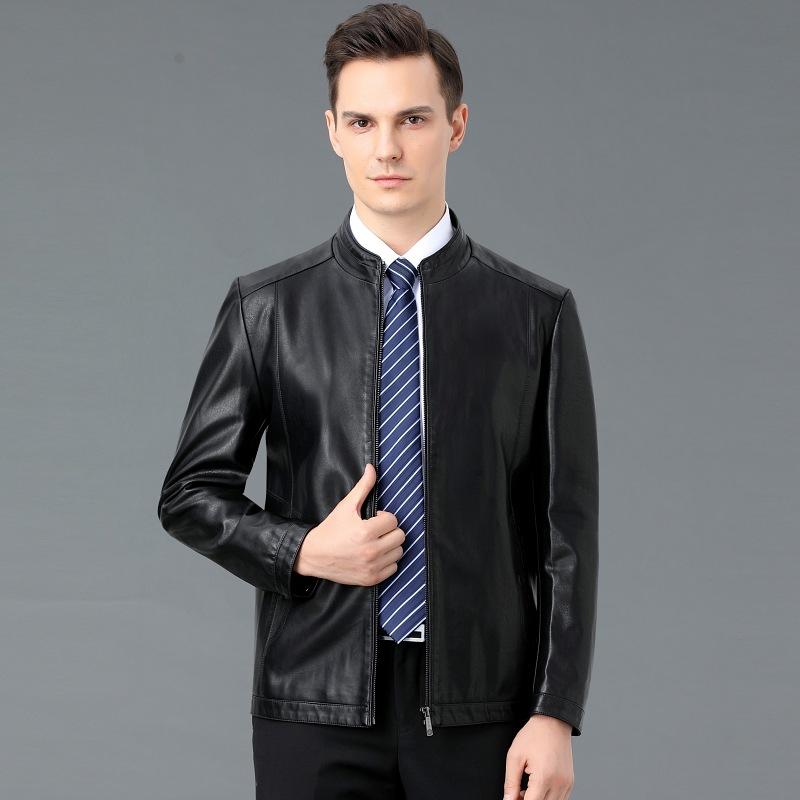 Мужская куртка из натуральной кожи, мужская куртка из овчины с воротником-стойкой, повседневная осенне-зимняя модная кожаная куртка для пап среднего возраста