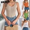 Spring and Summer Casual Solid Color V-neck Cut-out Top Vacation Knitted Sweater Women's Wear