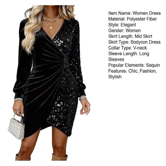 Женское мини-платье с запахом из бархата с пайетками, с длинным рукавом и V-образным вырезом, облегающее платье с драпировкой, вечернее платье для гостьи на свадьбу, формальное платье для коктейльной вечеринки