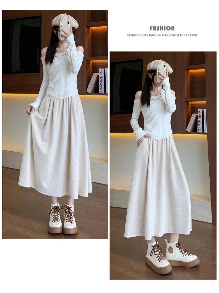 Women's H560 High Waist A-Line Gray Knit Skirt - Slim Fit, Long Umbrella Style for Spring and Autumn