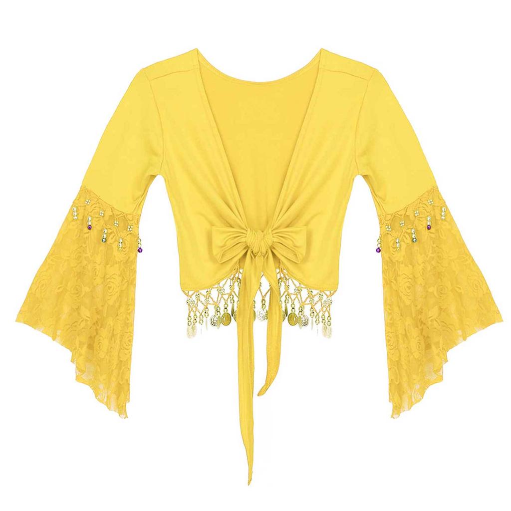 Женский костюм для танца живота, кружевной лоскутный топ с расклешенными рукавами, колокольчиком и кисточкой, шаль на шнуровке, укороченный топ, кардиган