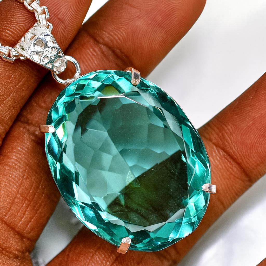 Certified 133 Ct Lab-Grown Aquamarine Pendant Oval Cut Gem In Solid 925 Silver AI-62-NS