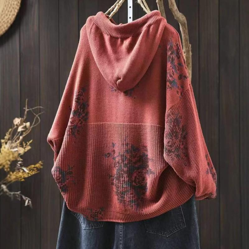 Johnature Женские винтажные вязаные свитера с капюшоном, принтованные цветочные ткани, весенние свободные мягкие свитера с длинным рукавом