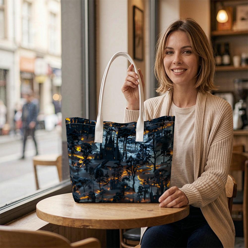 Gothic Castle Pattern Tote Bag Dark Forest Printed Shoulder Bag Casual Daily Handbag