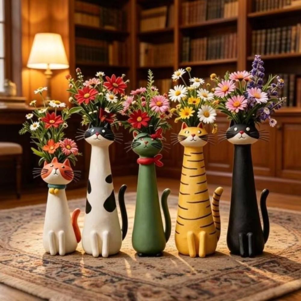 Quirky Cat Shaped Flower Planter Handcrafted Resin Cat Flower Holder Cat Bud Vase  Garden Decor