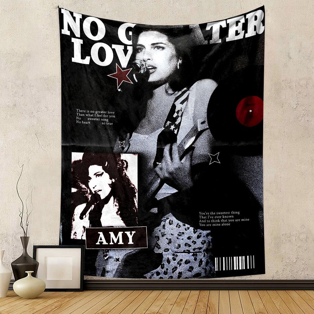 A monochrome collage featuring a singer, text, stars, and vinyl record graphic. Patterned tapestry for bedroom and living room home decor