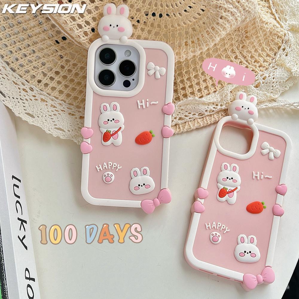 KEYSION Милый 3D Мультяшный Счастливый Белый Кролик Чехол для Телефона для iPhone 13 14 15 16 17 Pro Max Мягкий Силиконовый Ударопрочный Задний Чехол