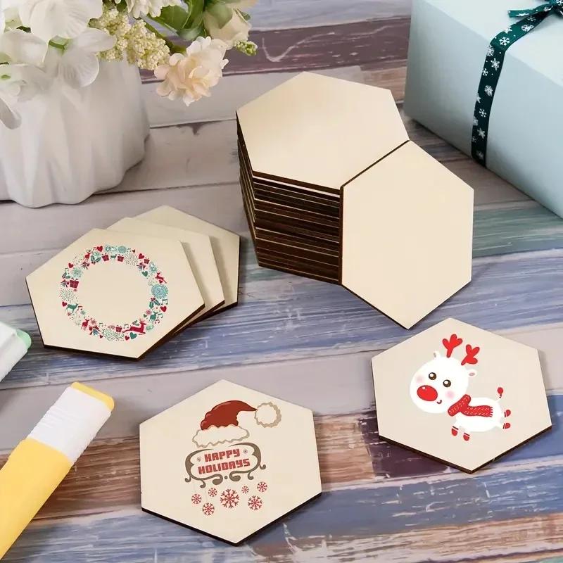 50/100Pcs Unfinished Blank Wooden Hexagon Slices - Hanging Embellishments Wooden Discs for Art Crafts Wedding Christmas Crafting