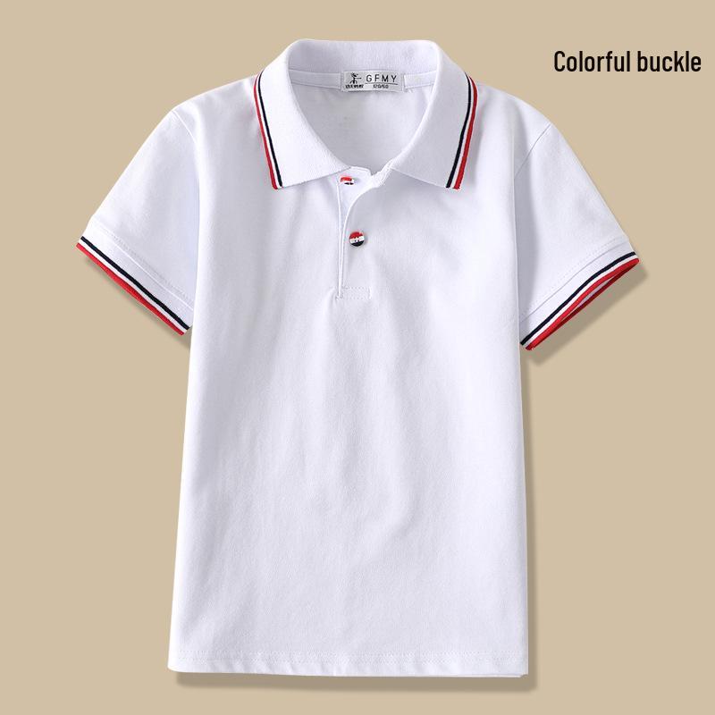 Boys' White Short-Sleeve Polo Shirt, Elementary School Uniform, Turn-Down Collar, Girls' Graduation Class T-Shirt