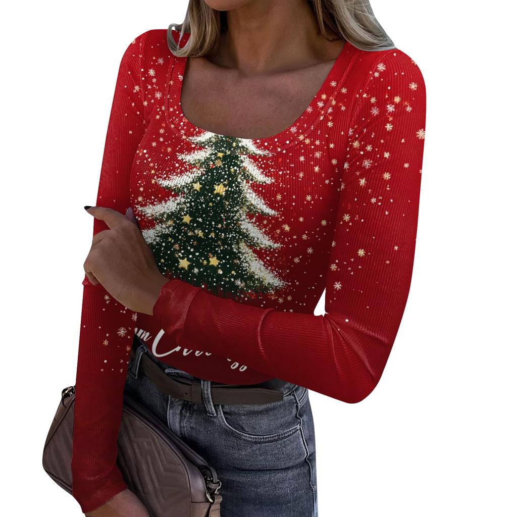 Женская мода Slim Bottom Casual с длинным рукавом и рождественским принтом пуловер с U-образным вырезом