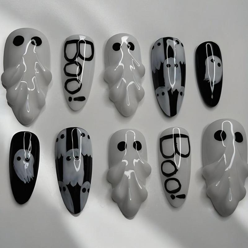 24PCS Halloween Almond Press on Nails Pink Black Ghost Bat Spider Web Heart Patterns False Nails Cute Gothic Y2K Fake Nails Tips