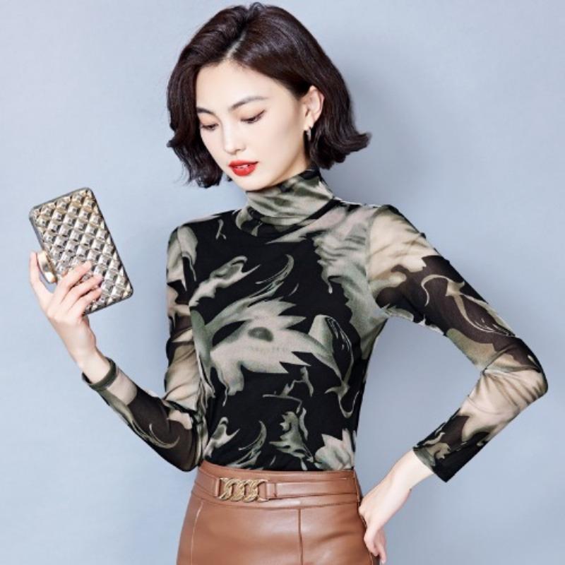 Футболка с длинными рукавами и полуводолазкой из сетки для женщин, зимняя, новая, плюшевая, утолщенная, нижняя рубашка, топ в китайском стиле