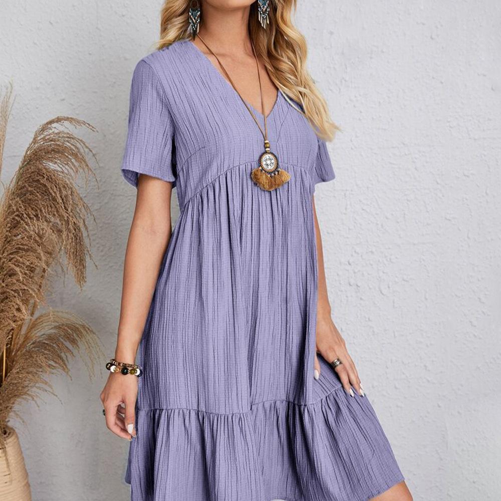 Summer Women Loose Cake Dress Short Sleeve V Neck