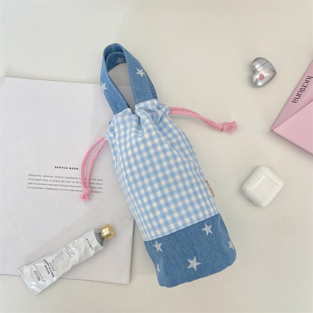 Outdoor Drawstring Canvas Cup Bag Grid Small Storage Bag Fashionable Water Bottle Cover  Outdoor
