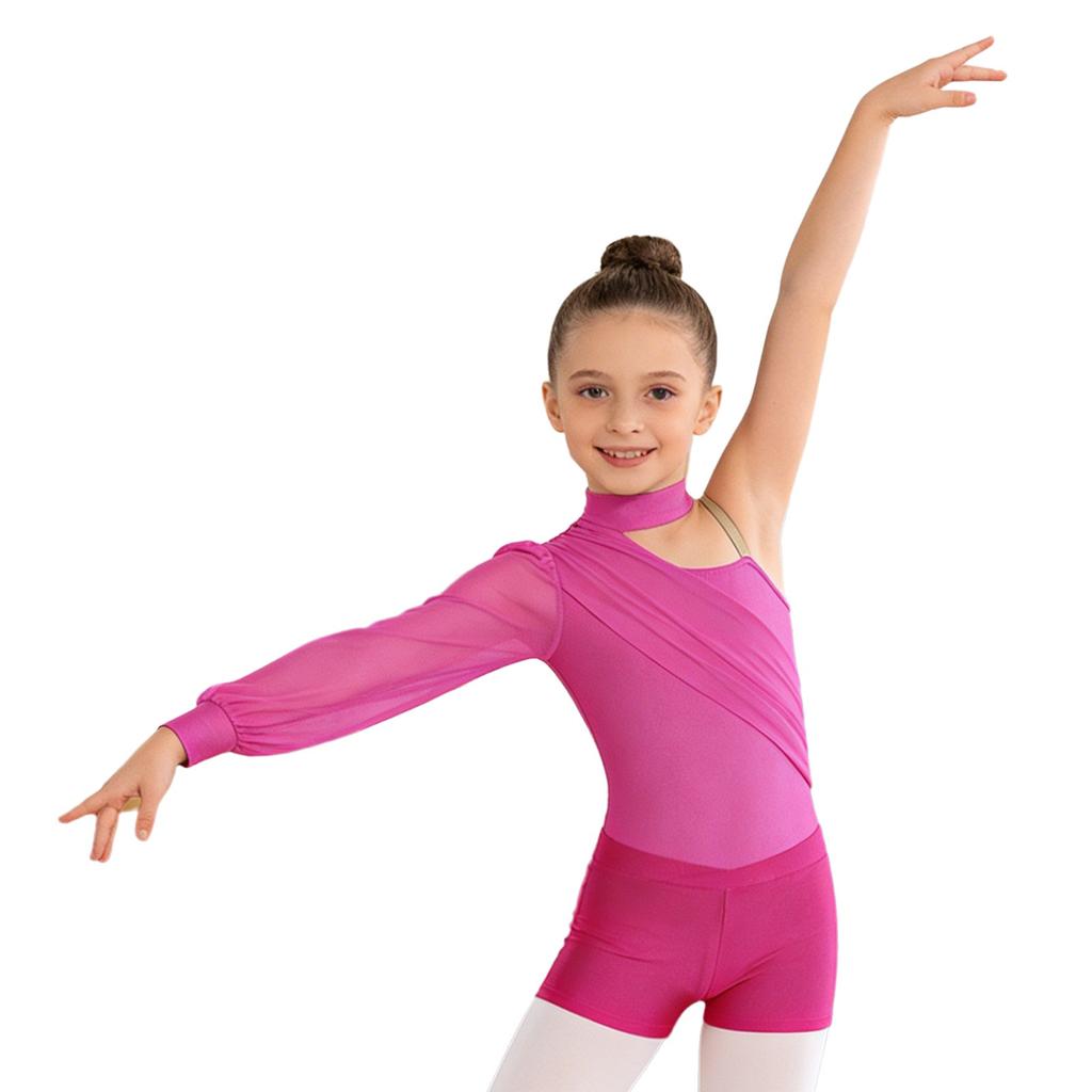 Girls One Shoulder Long Sleeve Ruched Mesh Leotard Figure Skating Gymnastics Outfit