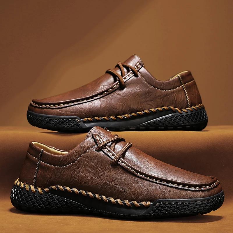 High Quality Handmade Leather Shoes for Men Soft Flat Lace-up Casual Leather Comfortable Designer Loafers Mens Zapatillas Hombre