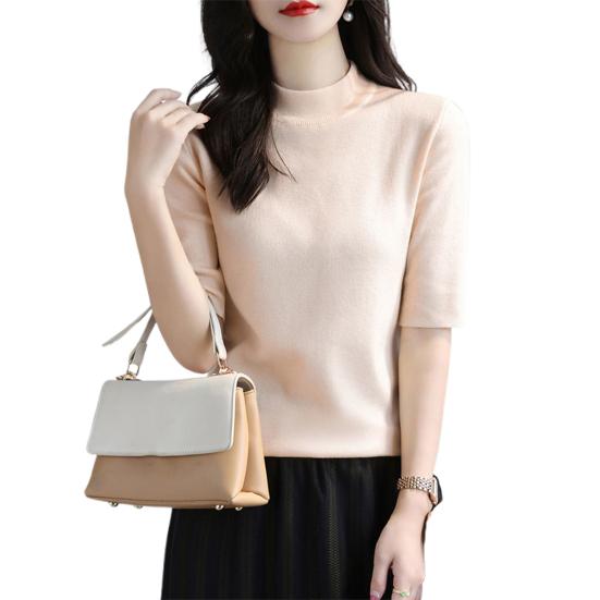 Women Sweater Half High Collar Half Sleeve Knitting Tops Solid Color Slim Fit Sweater Tops Commuting Street Wear