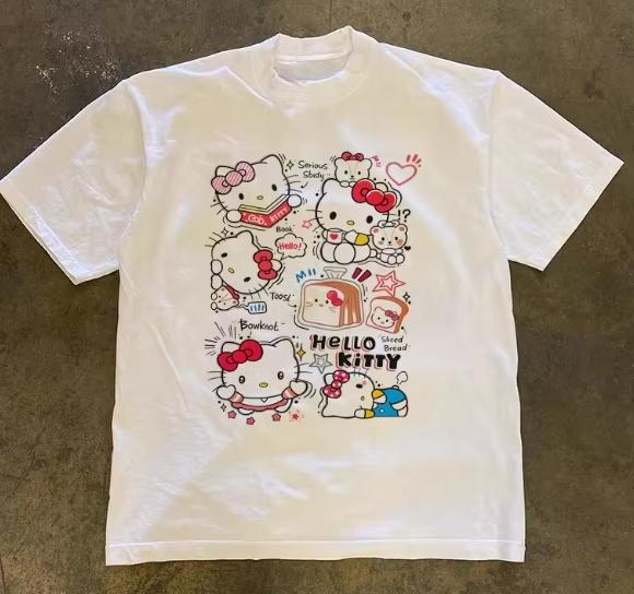 Sanrio Hello Kitty Женская футболка Повседневная с коротким рукавом Круглый вырез Хит продаж Топ Универсальная футболка Одежда