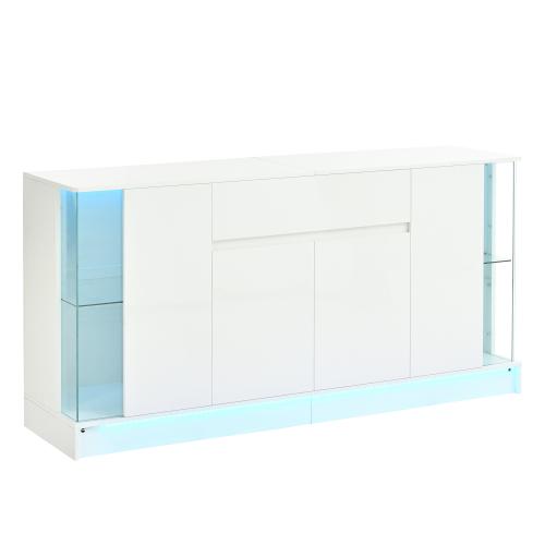 White High Gloss Sideboard, Particle Board Display Cabinet, 2 Glass Doors, Drawer & Double Doors, App Controlled LED Lighting, Living Room Storage
