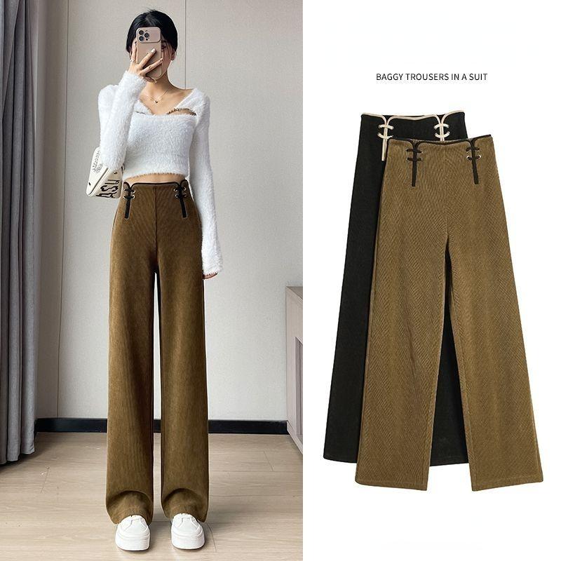 Winter High-waisted Trousers for Women with Button Closure Wide Leg Pants Casual Wear