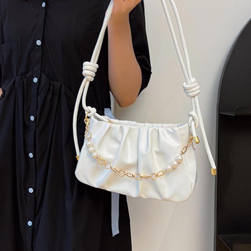 Женская сумка через плечо из искусственной кожи с цепочкой и бусинами, гладкая застежка-молния, плиссированная регулируемая глянцевая сумка большой вместительности