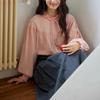 Зеленая женская рубашка с воротником-стойкой, изогнутым разрезом и длинными рукавами, с кружевной отделкой, в стиле грибного края, весенняя