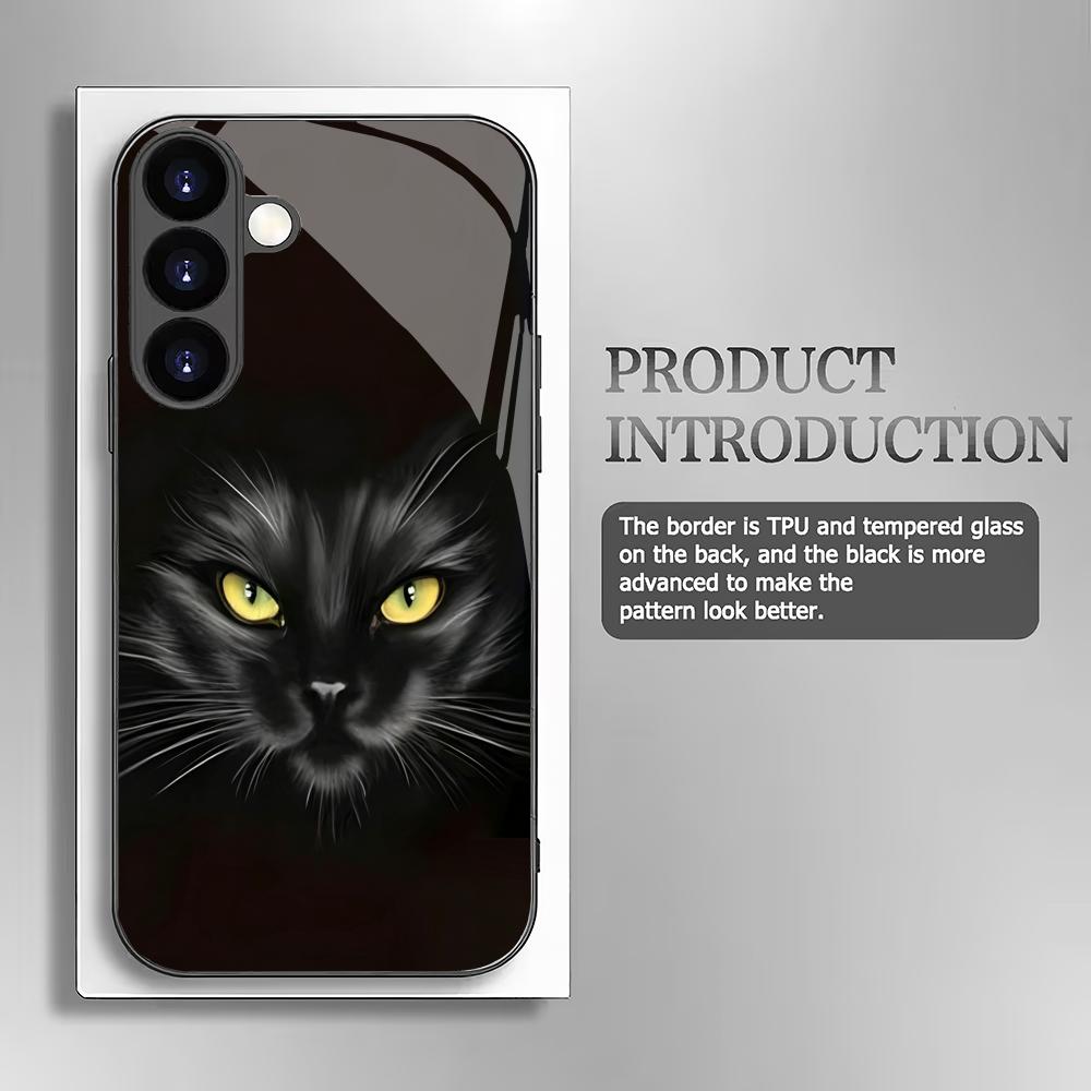 Черный стеклянный чехол для телефона с кошкой, подходящий для Samsung Galaxy S26 S25 S24 S23 S22 S20 FE/Ultra/Plus, противоударная задняя крышка