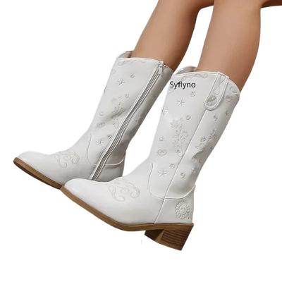 Модная женская обувь Высококачественные женские сапоги До середины голени Боковые молнии в стиле вестерн Ковбойские сапоги Ретро Сапатос Женские вышитые ботинки Челси