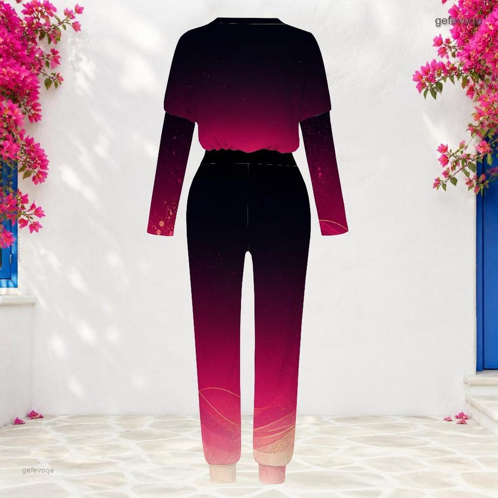 Women Plus Size Round Neck Long Sleeve Black Gold Printed Cuffed Top And Cuffed Pants Two Piece Set With Pockets