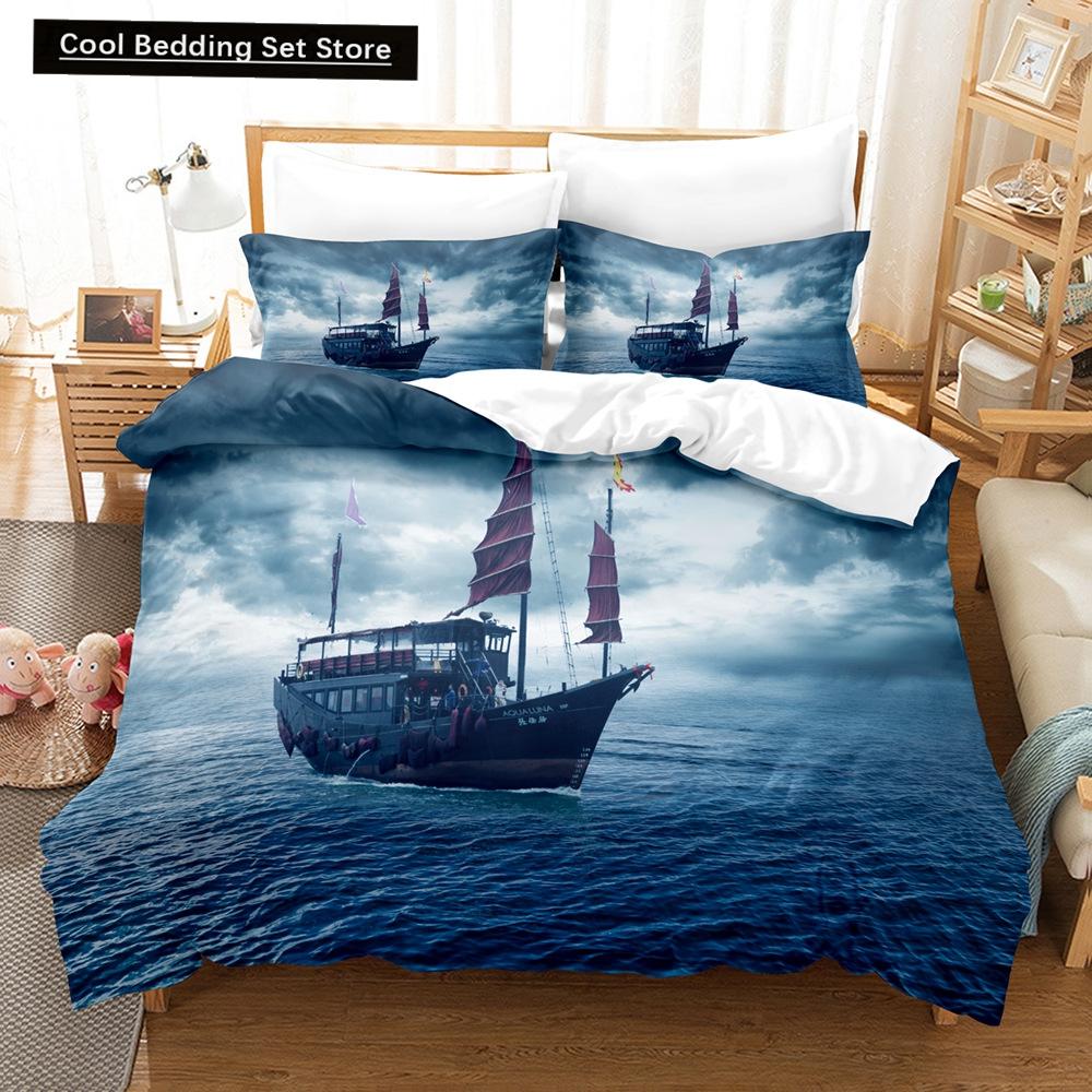Vintage Sailboat King Queen Duvet Cover Nautical Ocean Bedding Set for Teens Adults Ship Fire Black 2/3pcs Polyester Quilt Cover