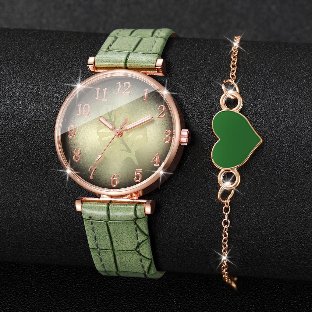 Xiaomi 2PCS Fashion Leaf Dial Women Watch Heart Bracelet Set Elegant Leather Strap Ladies Quartz Watches Reloj Mujer (Without Box)