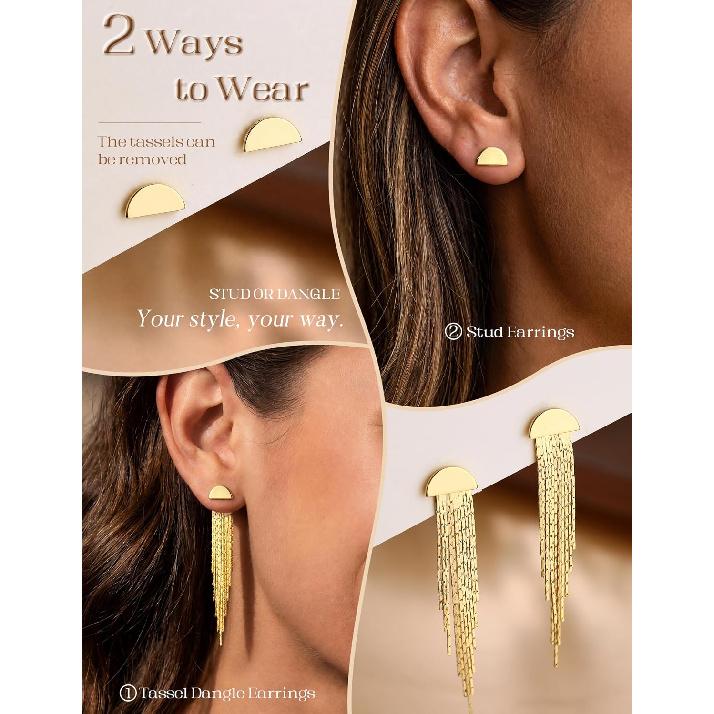 PAVOI 14K Gold Plated 925 Sterling Silver Post Threader Earrings for Women - Minimalist Gold Chain Earrings Double Piercings - Dangle Twist Wavy