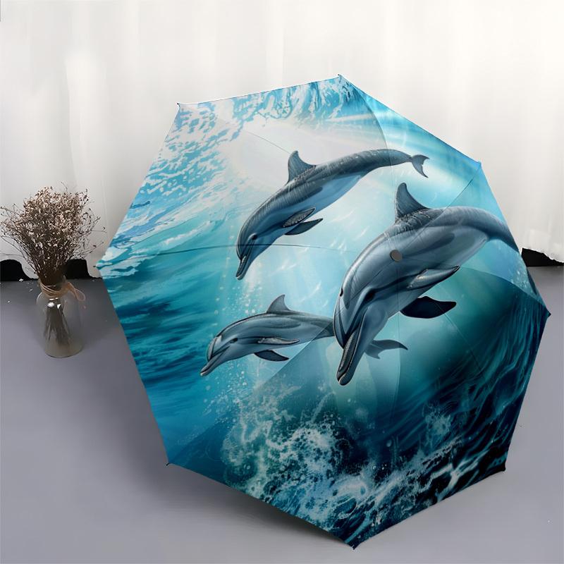 1pc Oceanic Dolphins Swimming Art Print Umbrella with Plastic Handle,Suitable for All Seasons Home Travel Outdoor UmbrellaDD352