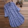 Elegant Women V-neck Long Sleeve Flower Print Linen Shirt Ladies Casual Loose Blouse Top