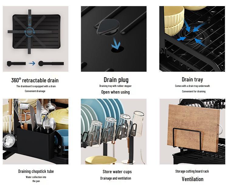 Компактная кухонная сушилка для посуды и органайзер для мисок, палочек для еды, чашек и разделочных досок