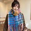 Women Scarf Plaid Pattern Cashmere Feel Plush Scarf with Tassel Decoration Travel Sweater Coat Accessory