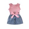 Girls Casual Suit Summer Kids Fashion Sleeveless Crew Neck Vest + Denim Shorts Suit