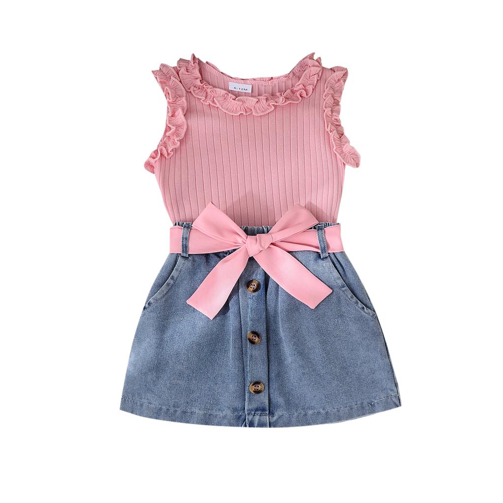 Girls Casual Suit Summer Kids Fashion Sleeveless Crew Neck Vest + Denim Shorts Suit