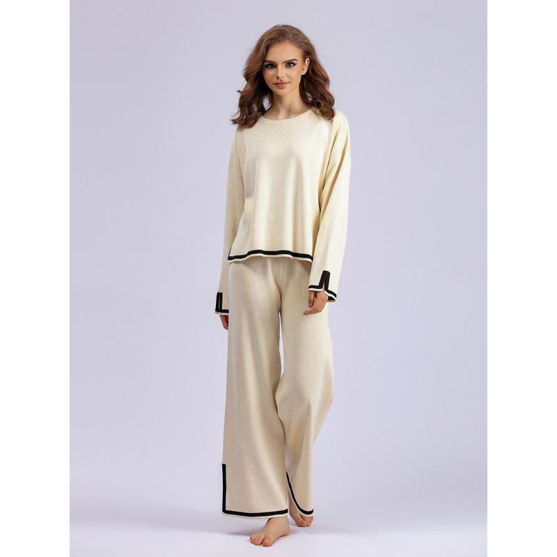 Осенне-зимний женский вязаный свитер, комплект, темпераментный цветной коллизион, топ с длинными рукавами и высокой талией, широкие брюки, две части