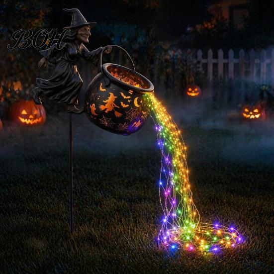 Halloween Landscaping Atmosphere Light Witch Cauldron Garden Light, Metal Yard Stake with LED String Colorful Flowing Water Effect Lights, Waterproof