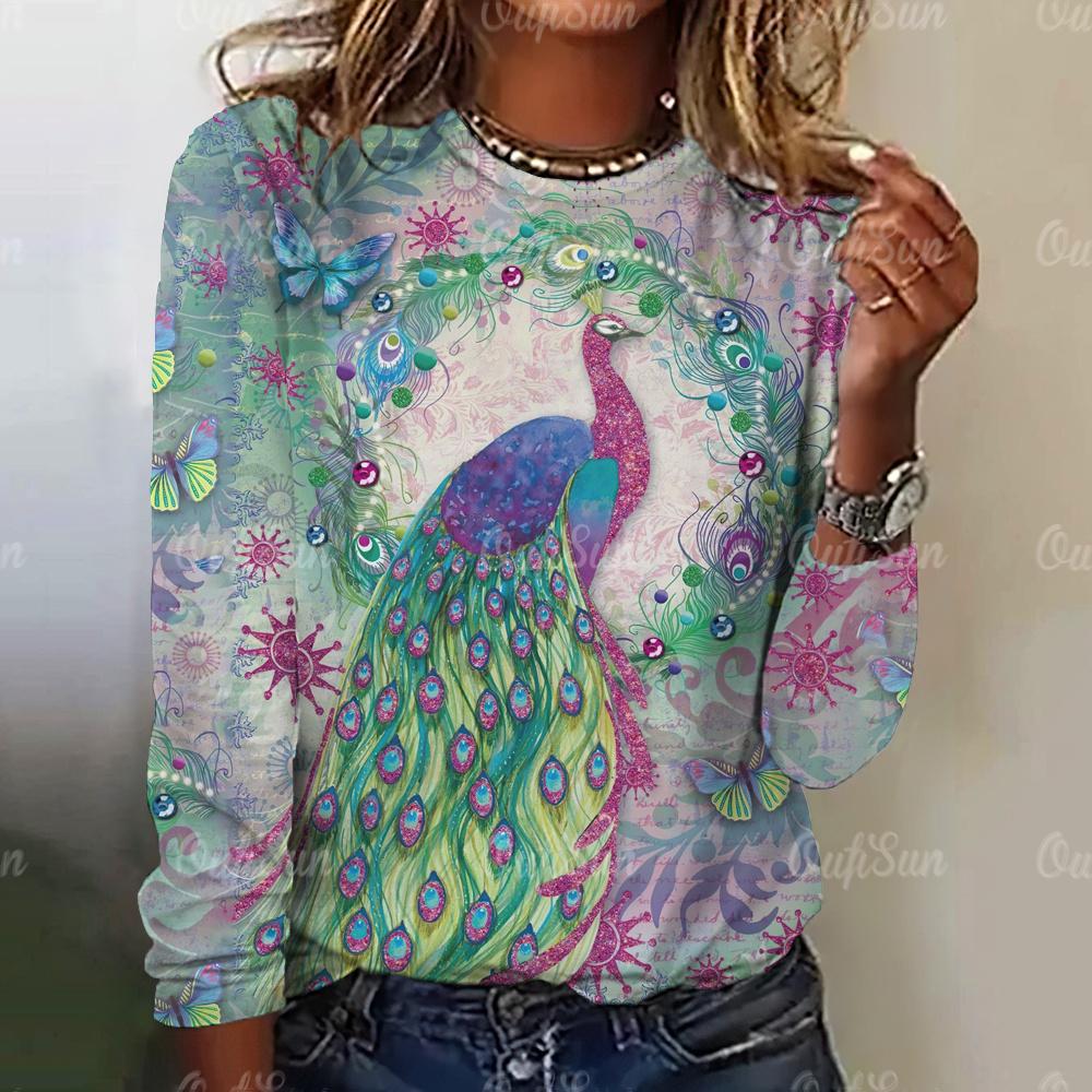 2024 New Women's Peacock Feather Print Long Sleeve T-Shirt Fashion Cotton T-Shirt Tops Women's Round Neck All-match T-Shirt