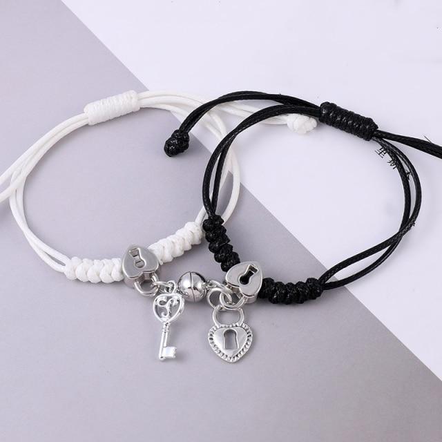 2pcs /Set Couple Charm Bracelet For Women Magnetic Attraction Ball Heart Key Lock Link Wrist Chain Best Friend Jewelry Gift Egirl