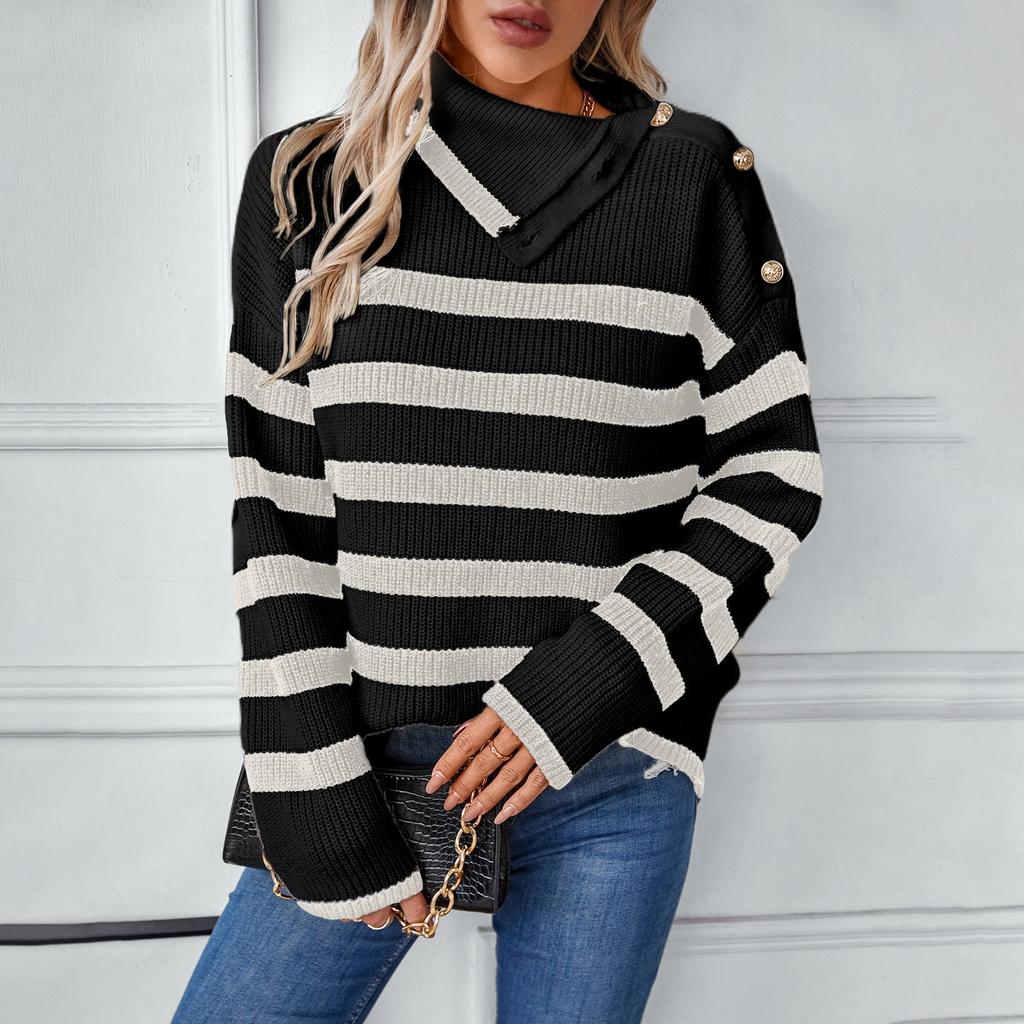 Женский повседневный полосатый свитер с длинными рукавами и лацканами на пуговицах