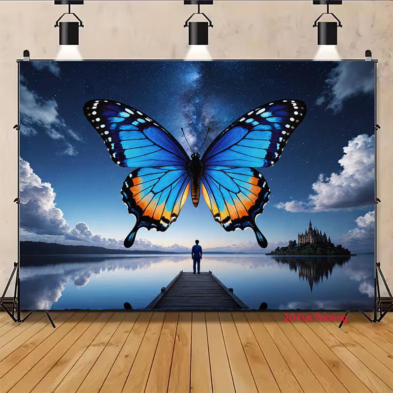 2D Dreamscape Backdrop Large Blue Butterfly & Starry Sky Party Photo Background