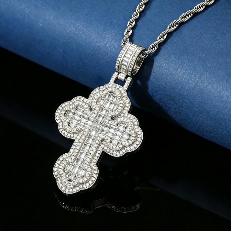 Hip Hop Cross Pendant Necklace With Zirconia Inlay Double Layer Twisted Chain Trendy Statement Jewelry