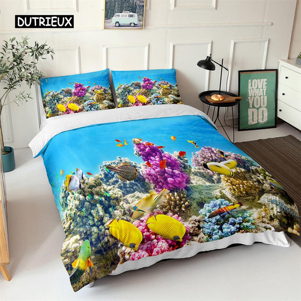 Комплект постельного белья Ocean с изображением синих морских рыб и 3D-принтом для детей. Мягкий полиэстеровый чехол для одеяла Queen King с изображением северного океана